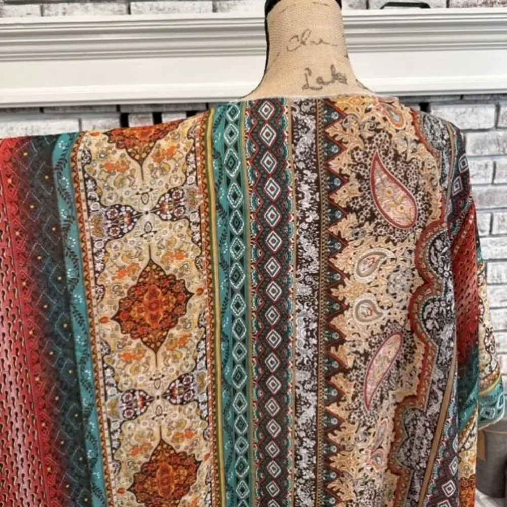 Unbranded Womens Floral Geometric Print Open Front Kimono Multicolor One Size - Picture 6 of 8